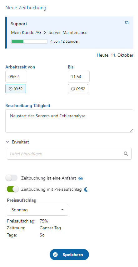 Zeitbuchung mit Preisaufschlag anlegen