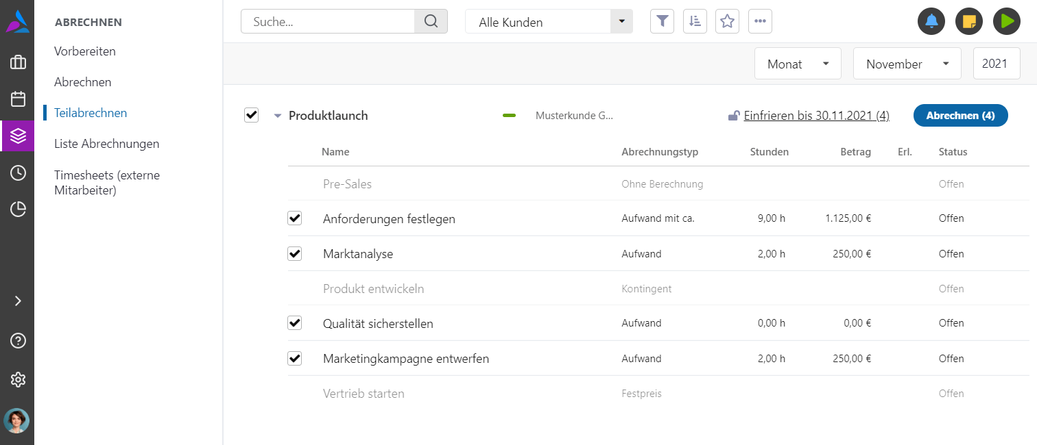 Partial accounting of projects in Octaved Flow