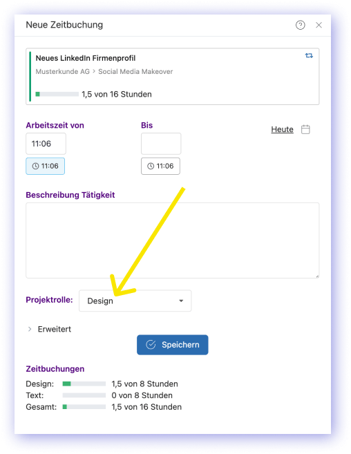 Time tracking per project role within a work package for time tracking drawer