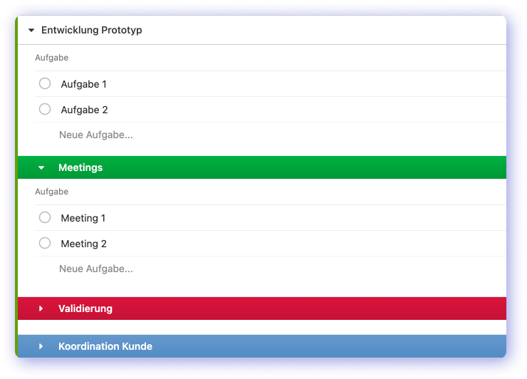 Colored task sections in work packages