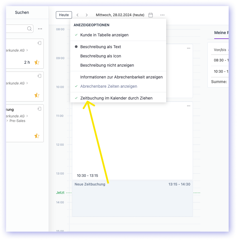 Setting the drag function for new time trackings in the calendar