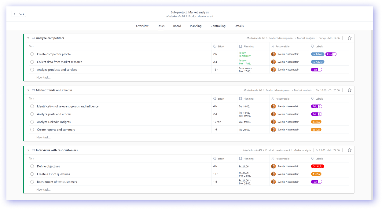 Task overview for all work packages