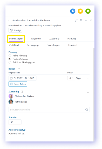 Optimized detail view for project planning