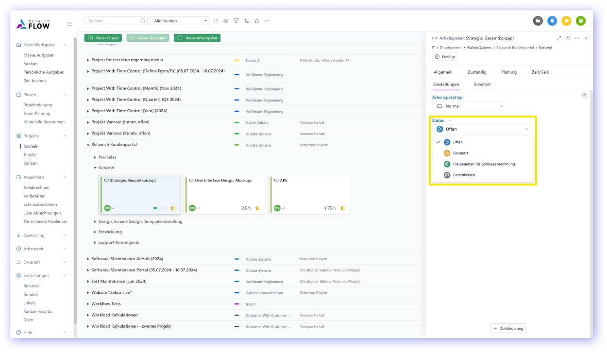 selection field for the status