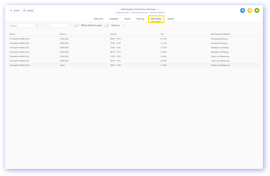 Time sheet in large detail view