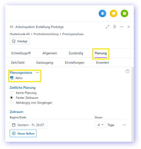 Anzeige des resultierenden Planungsstatus