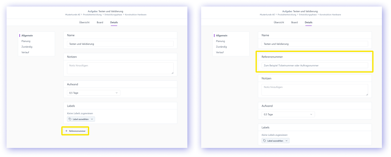 Referenznummer auch für Aufgaben