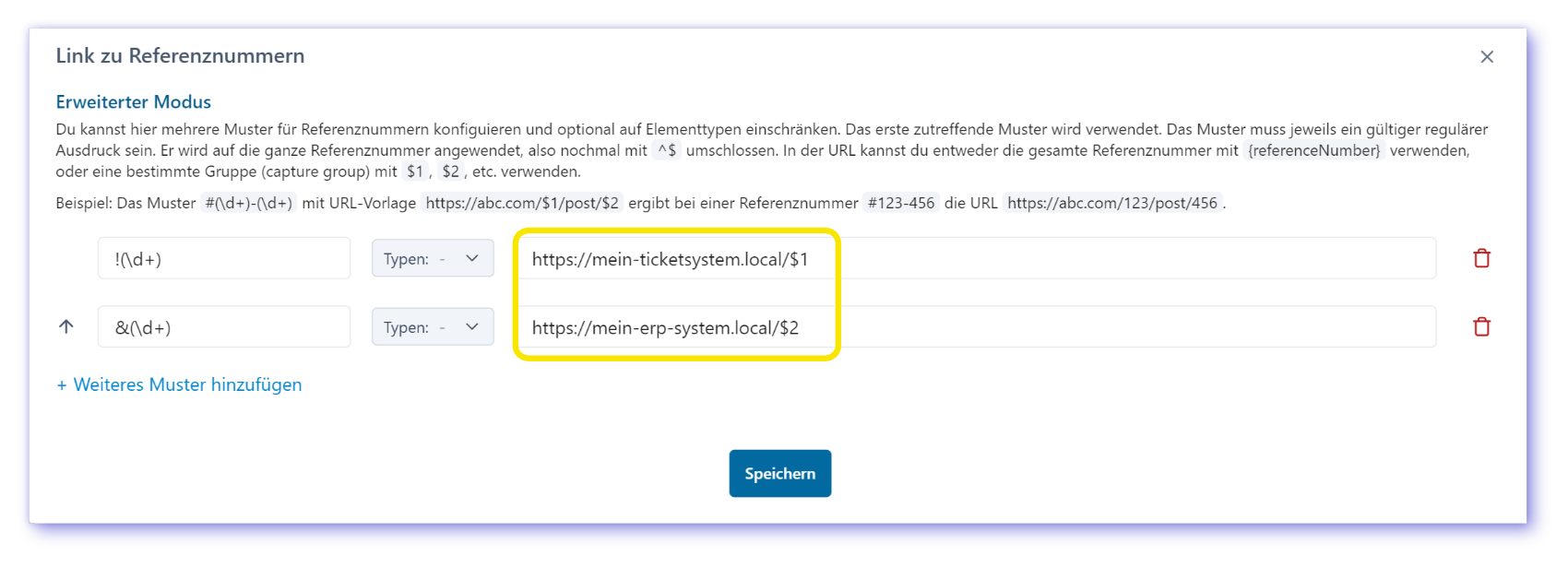 Web address of the ERP or ticket system for reference number links
