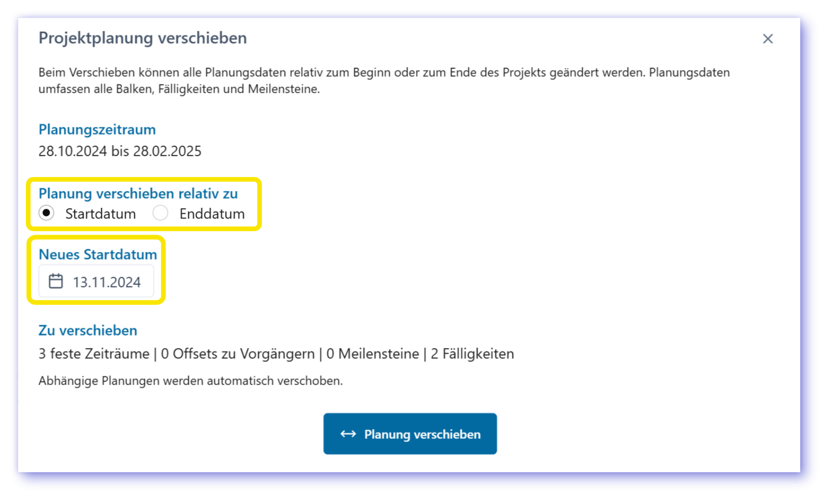 New feature Move the planning of a project relative to the start or end date