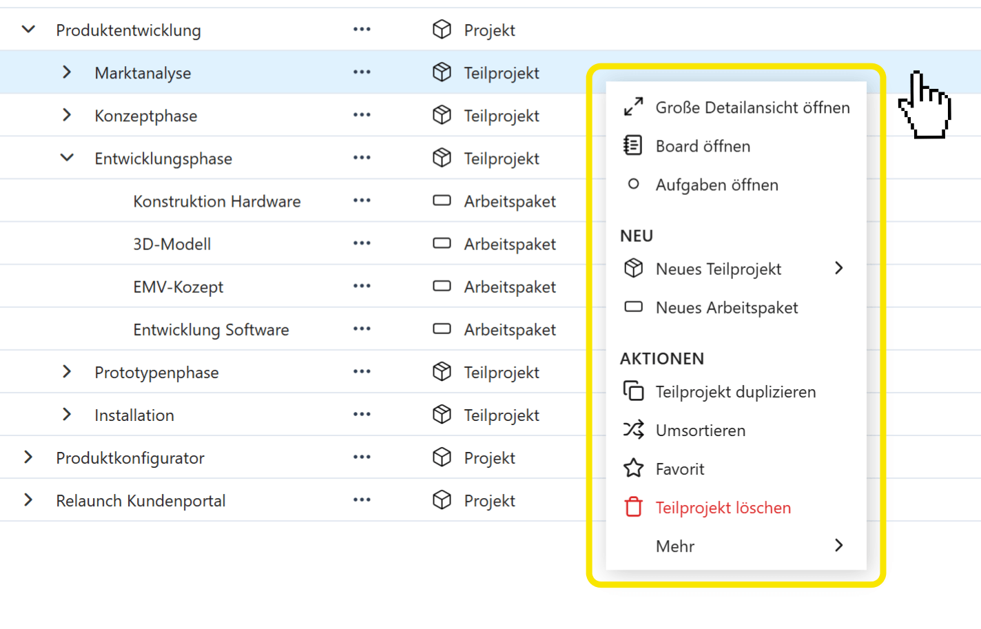 Context menu available in table view