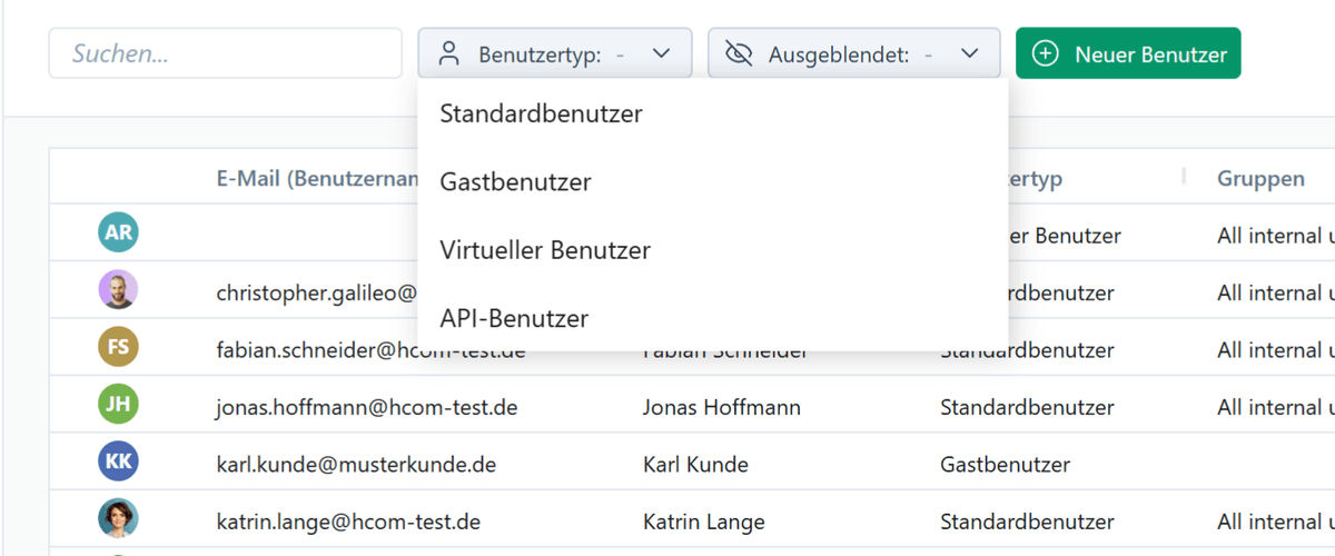 Alle Benutzertypen auf einer Seite