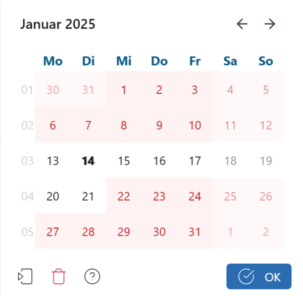 Color display of availabilities in the date selection