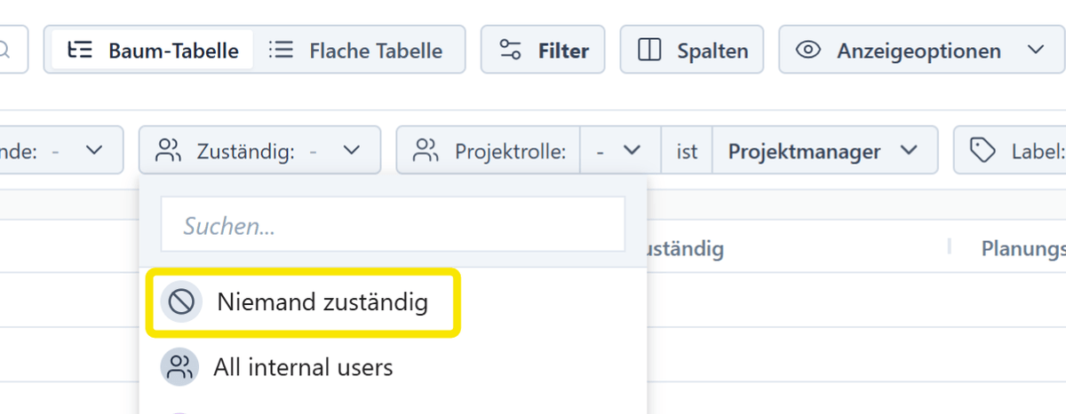 Filter for Responsible extended by No one responsible