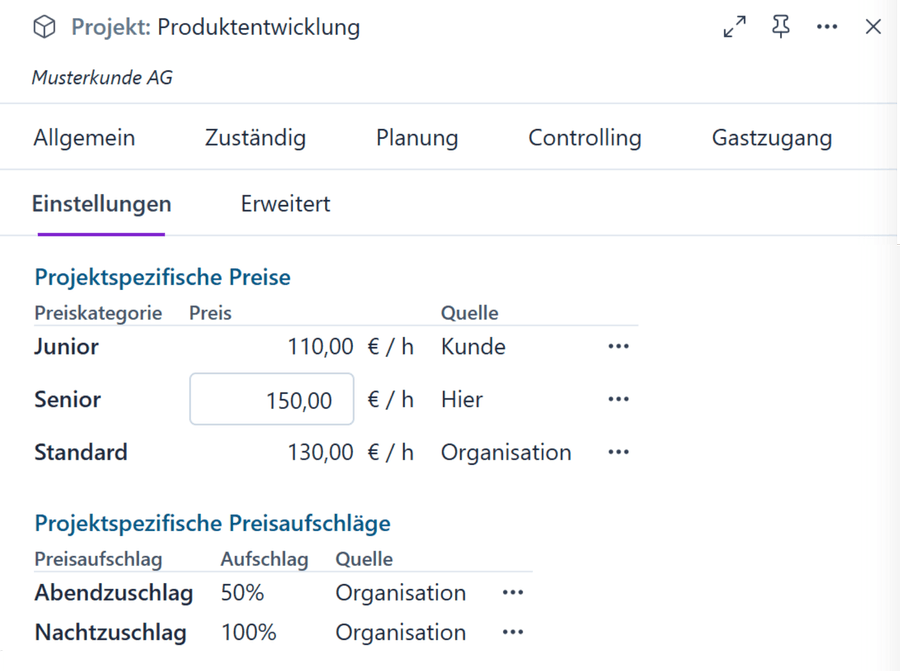 Project-specific prices