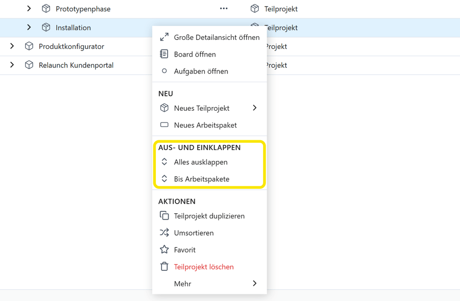Arbeitspakete ein- und ausklappen