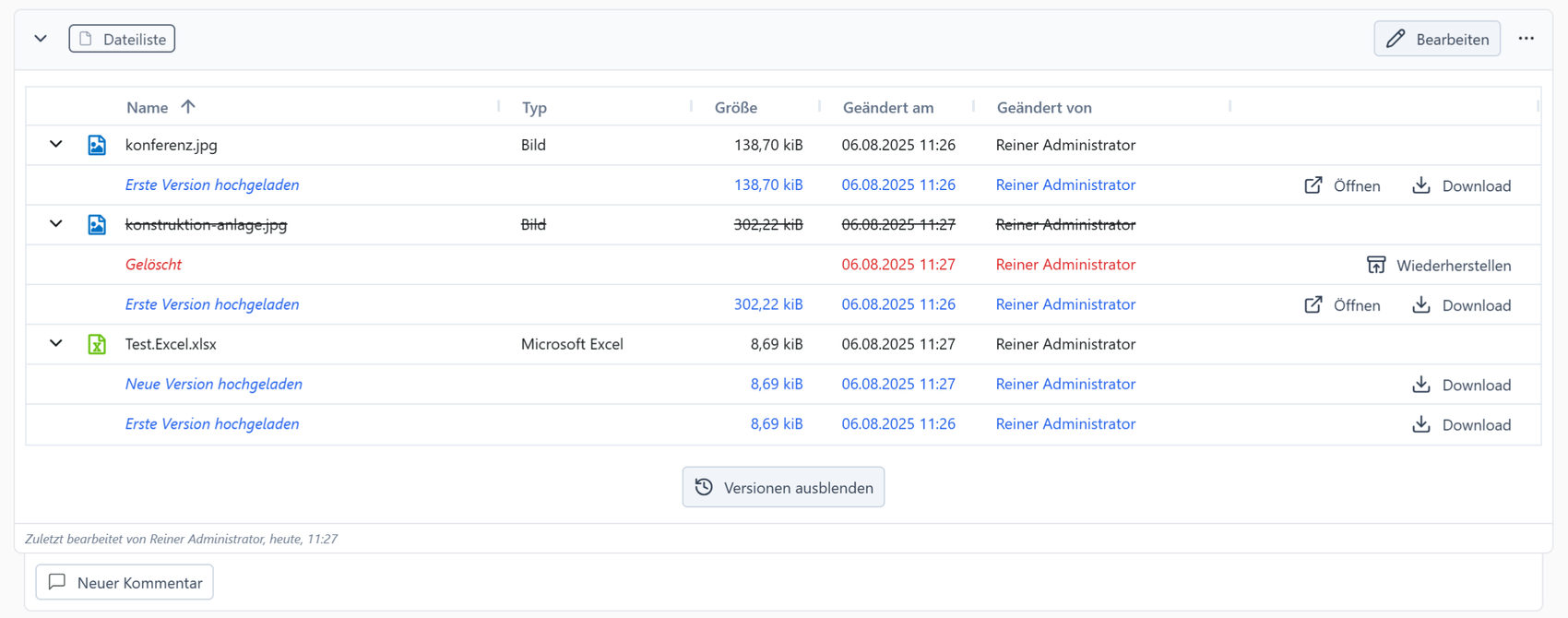 File versions directly in the list view