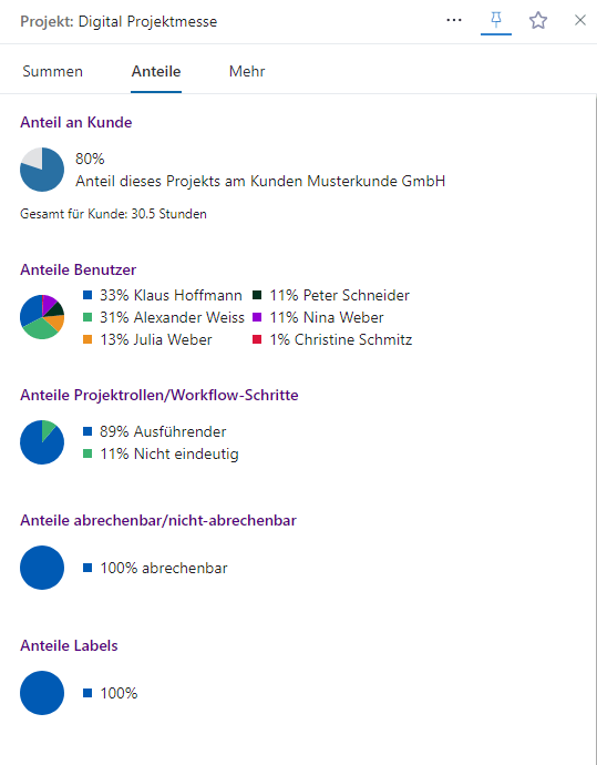 Inspektor zum Projekt mit Anteilen der gebuchten Zeit
