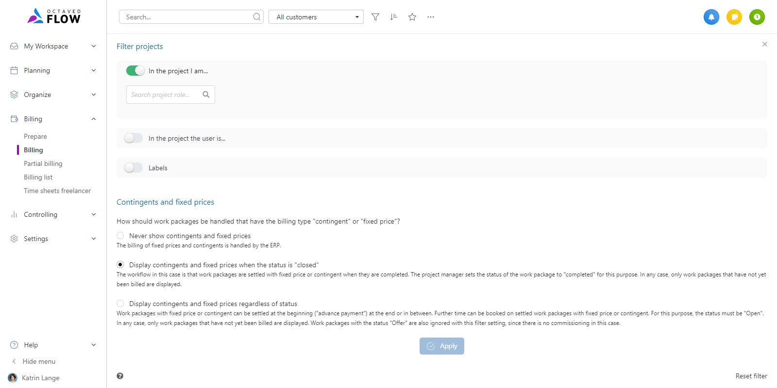 Filter settings for contingents or fixed prices