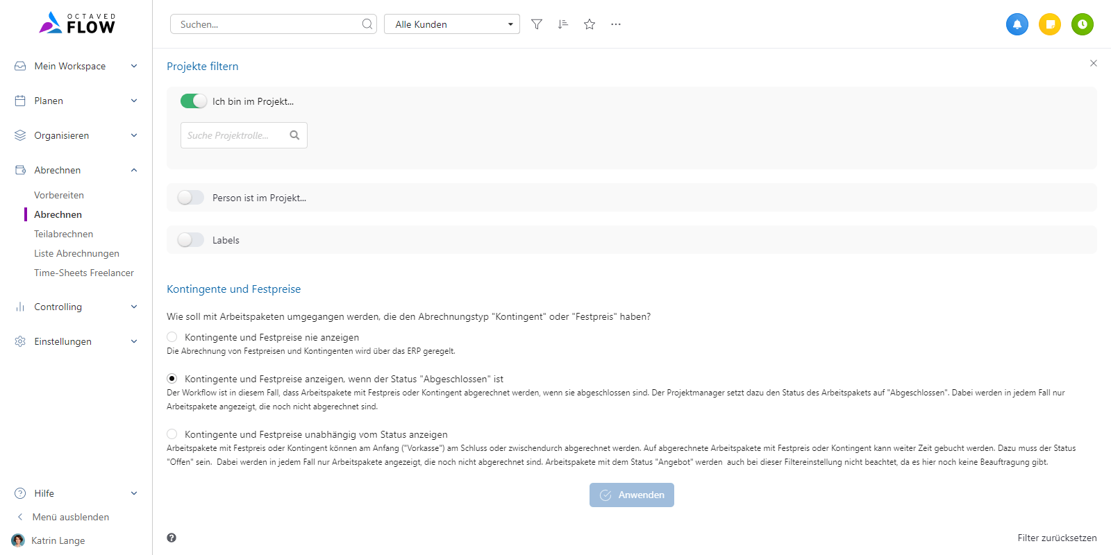 Filter-Einstellungen zu Kontingenten oder Festpreisen