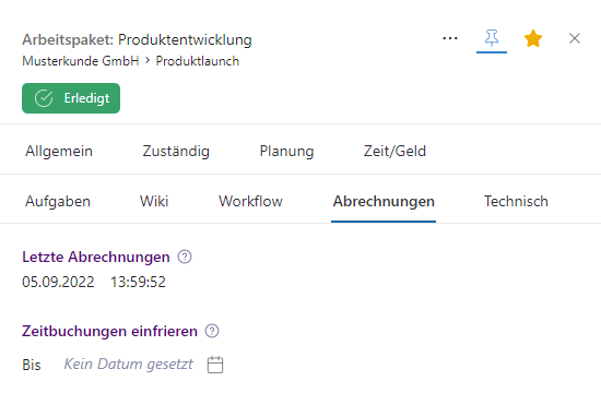 Übersicht der Abrechnungen eines Arbeitspakets im Inspektor