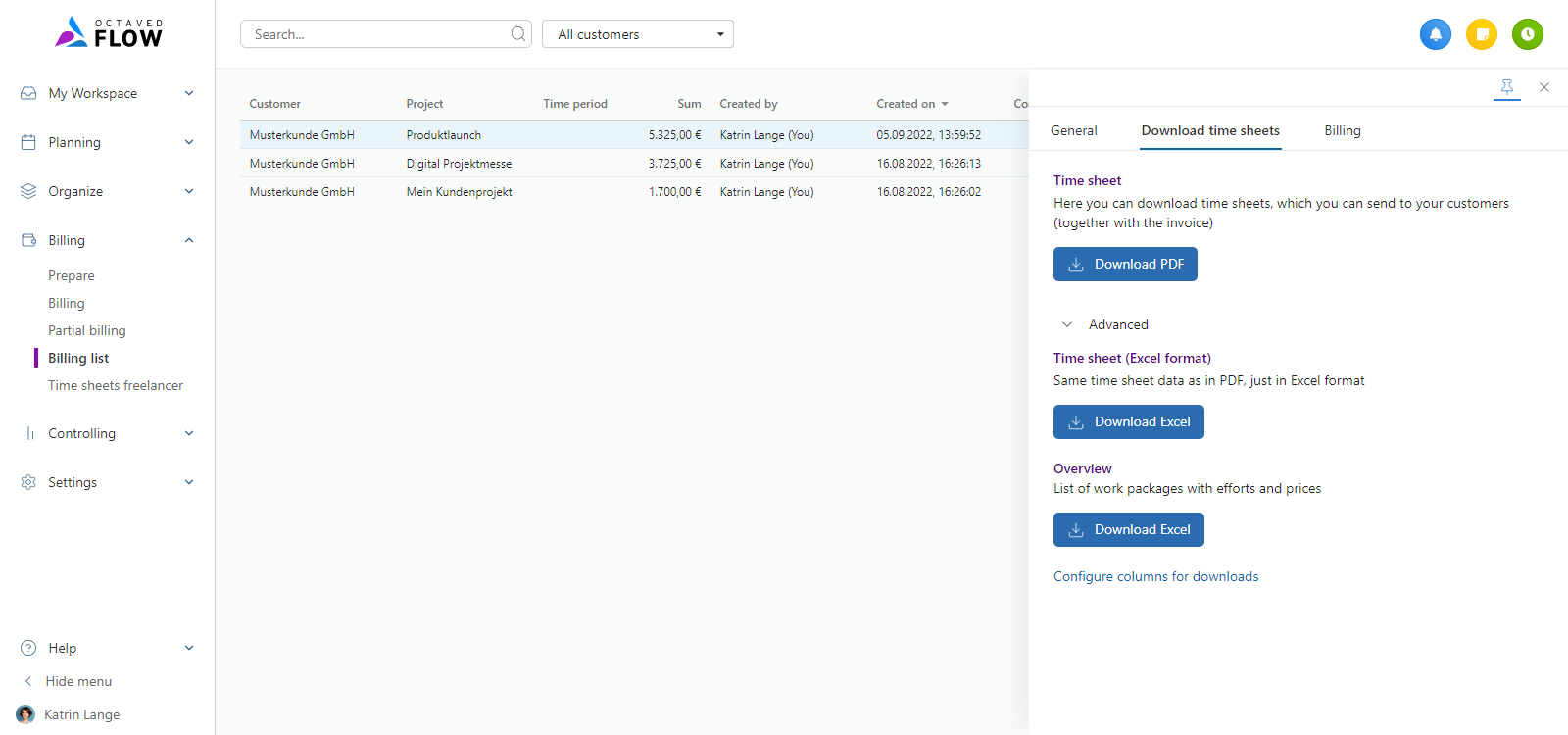 Export of invoices and time sheets from the list of all invoices