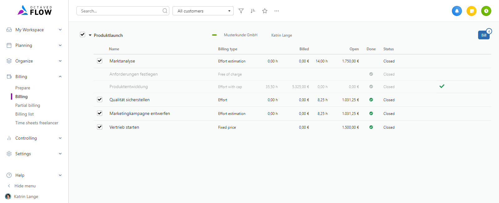 select work packages for billing