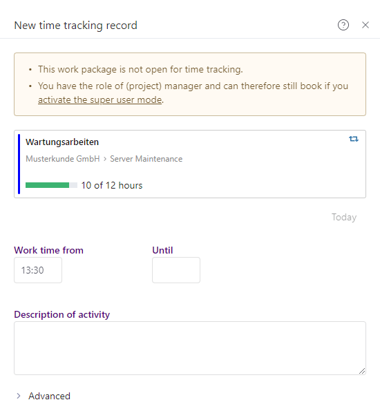 The super user mode for time bookings