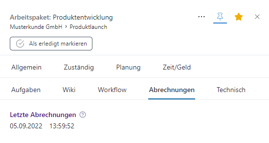 Übersicht über vorhandene Abrechnungen zum Arbeitspaket
