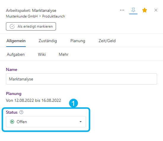 Der Status im Inspektor eines Arbeitspakets