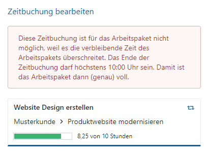 Nicht ausreichend Stunden auf dem Arbeitspaket übrig