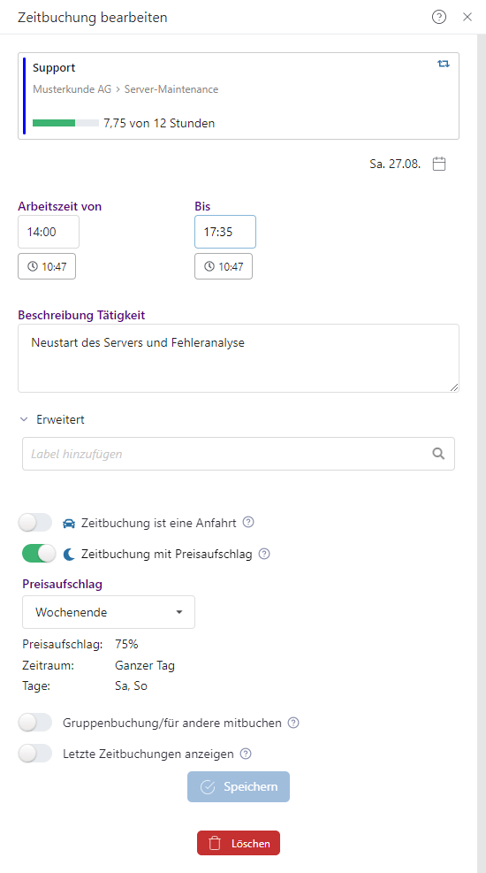Zeitbuchung mit Preisaufschlag