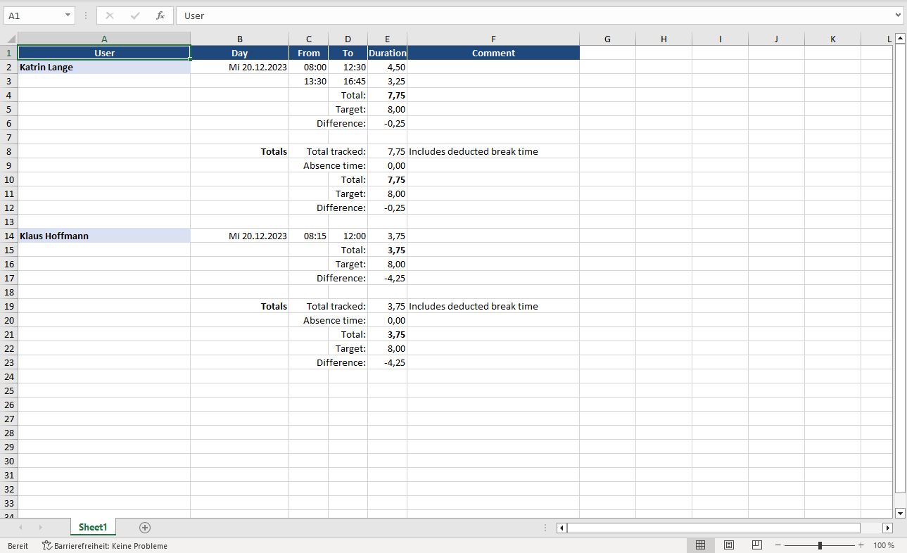 Excel sheet