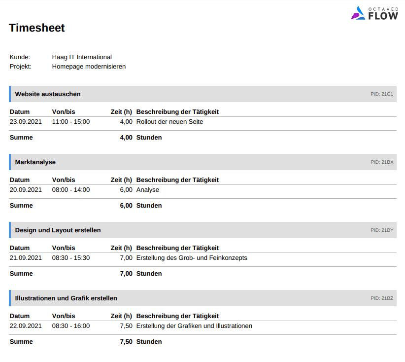 Octaved Flow – Zeitbuchungstabelle exportieren